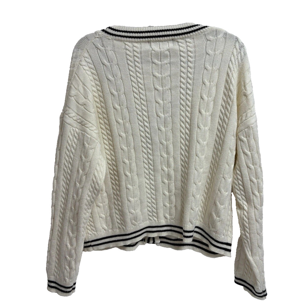 CIDER Cable Knit Cardigan‎ Womens Large Ivory Black Stripe V Neck Button Sweater - Picture 2 of 3